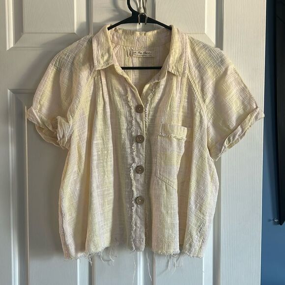 Free People We the Free Away at Sea Striped Frayed Hem Linen Blend Shirt Size L - Picture 4 of 7